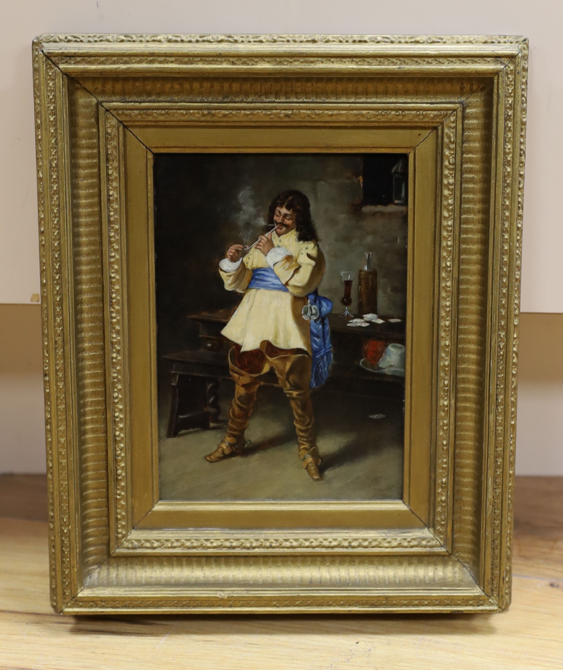 Attributed to Alessandro Sani (1856-1927), oil on board, Cavalier lighting a clay pipe, signed, 18 x 12.5cm